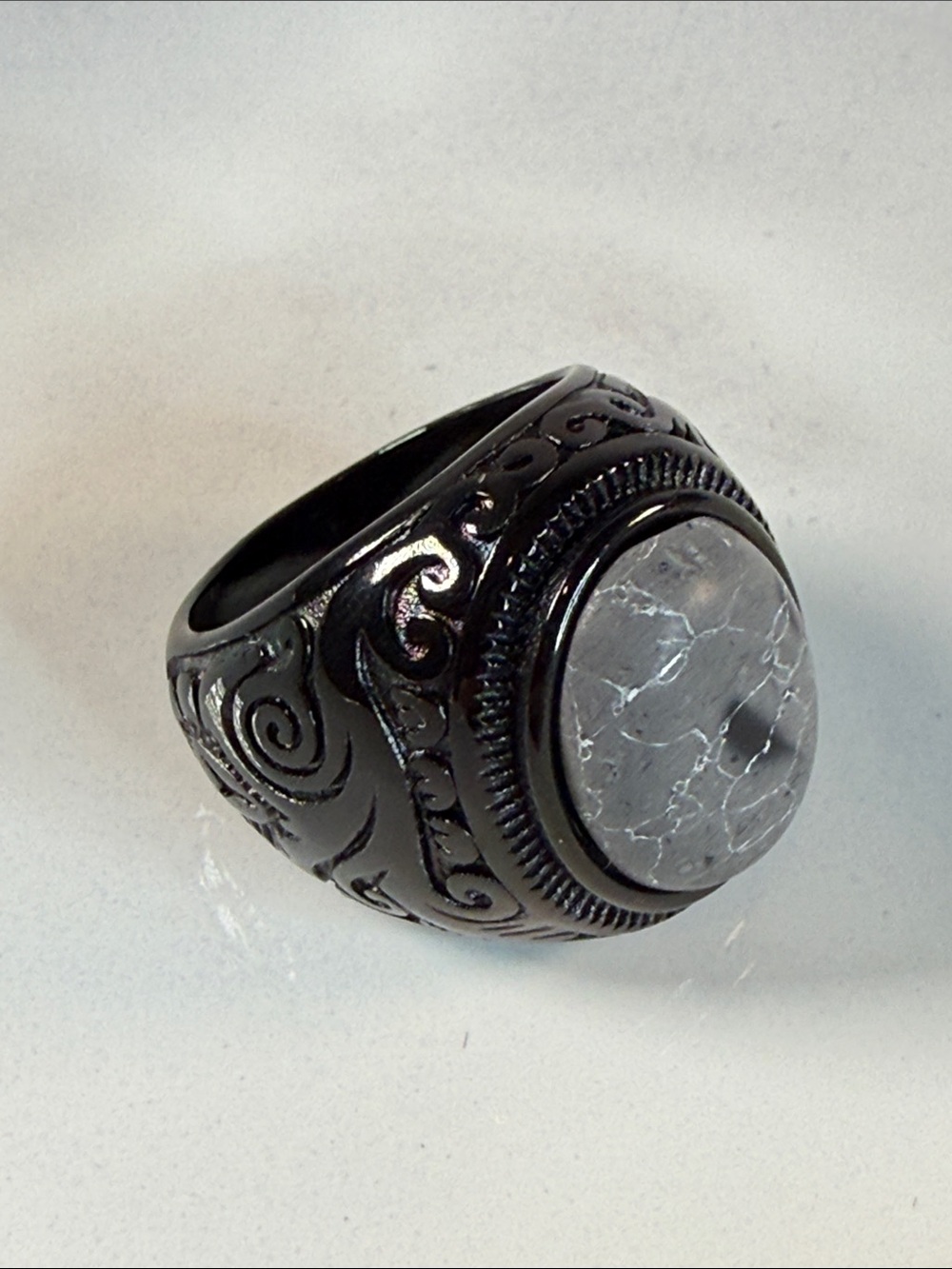 Black Men's Ornate Ring with Grey Marbled Stone, Size 7